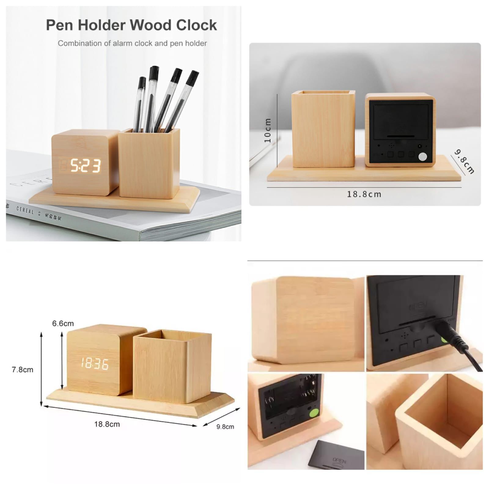 Wooden LED Pen Holder Desk Clock